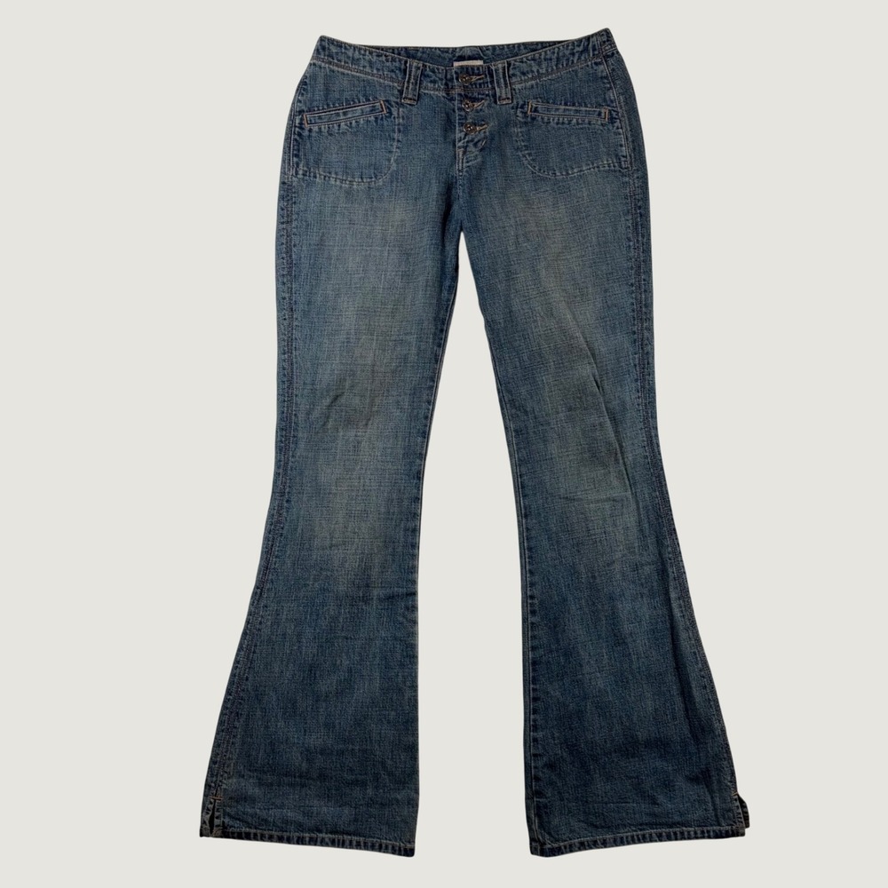 BKE Vintage Midtown Flare Jeans Blue Denim Button Fly Patch Pocket Size 28 Long